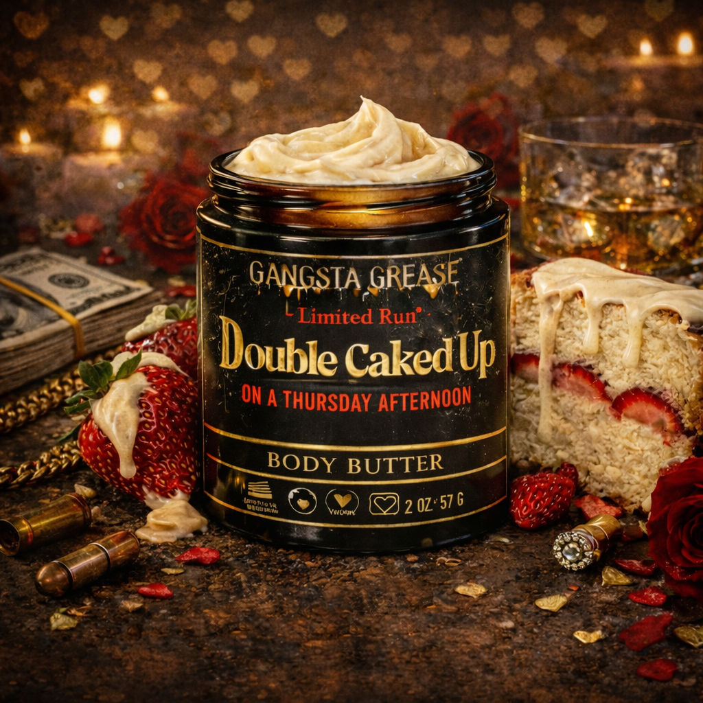 Gangsta Grease Double Caked Up body butter jar with decorative elements on a dark background