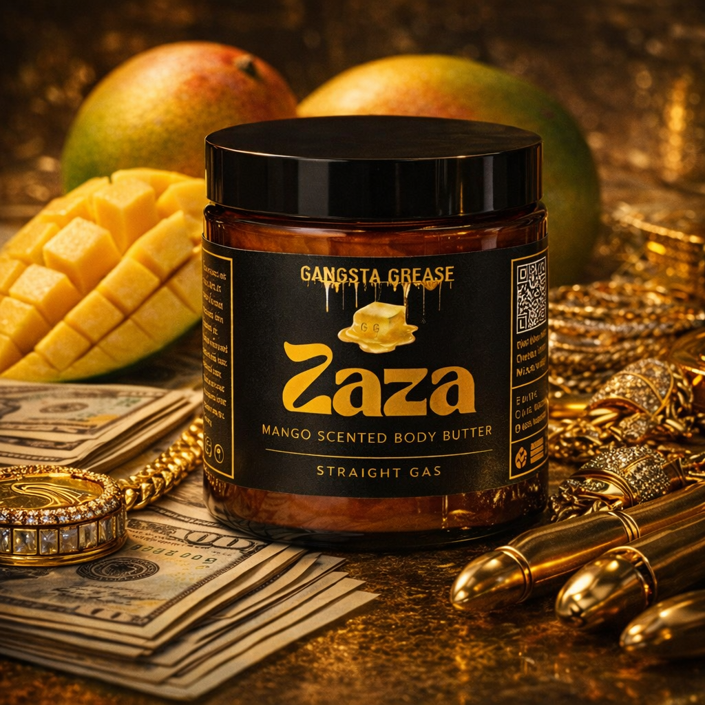 Zaza Mango Scented Body Butter jar with mangoes, money, and gold objects on a dark background