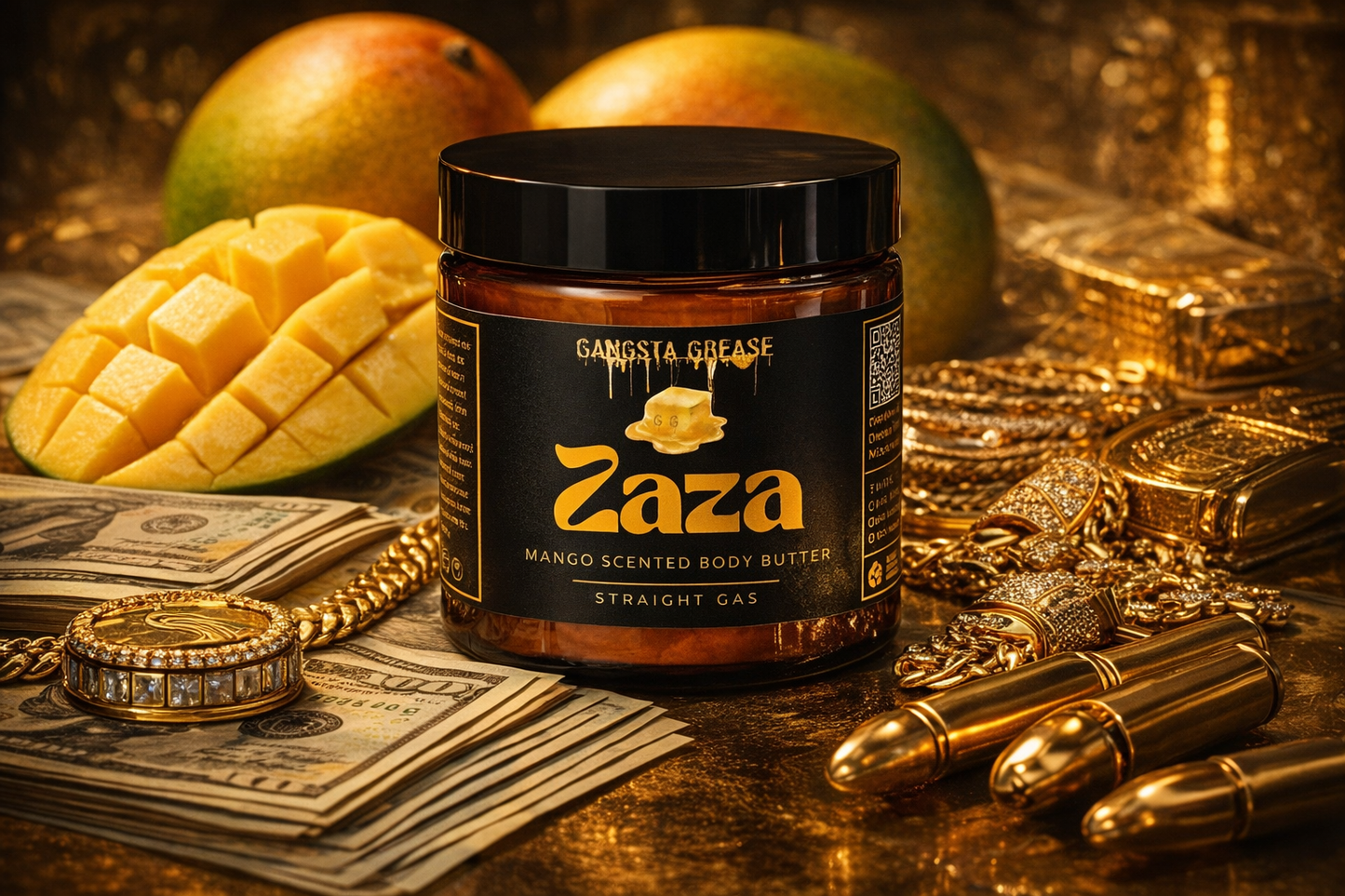 Zaza Mango Scented Body Butter jar with mangoes, money, and gold jewelry on a dark background